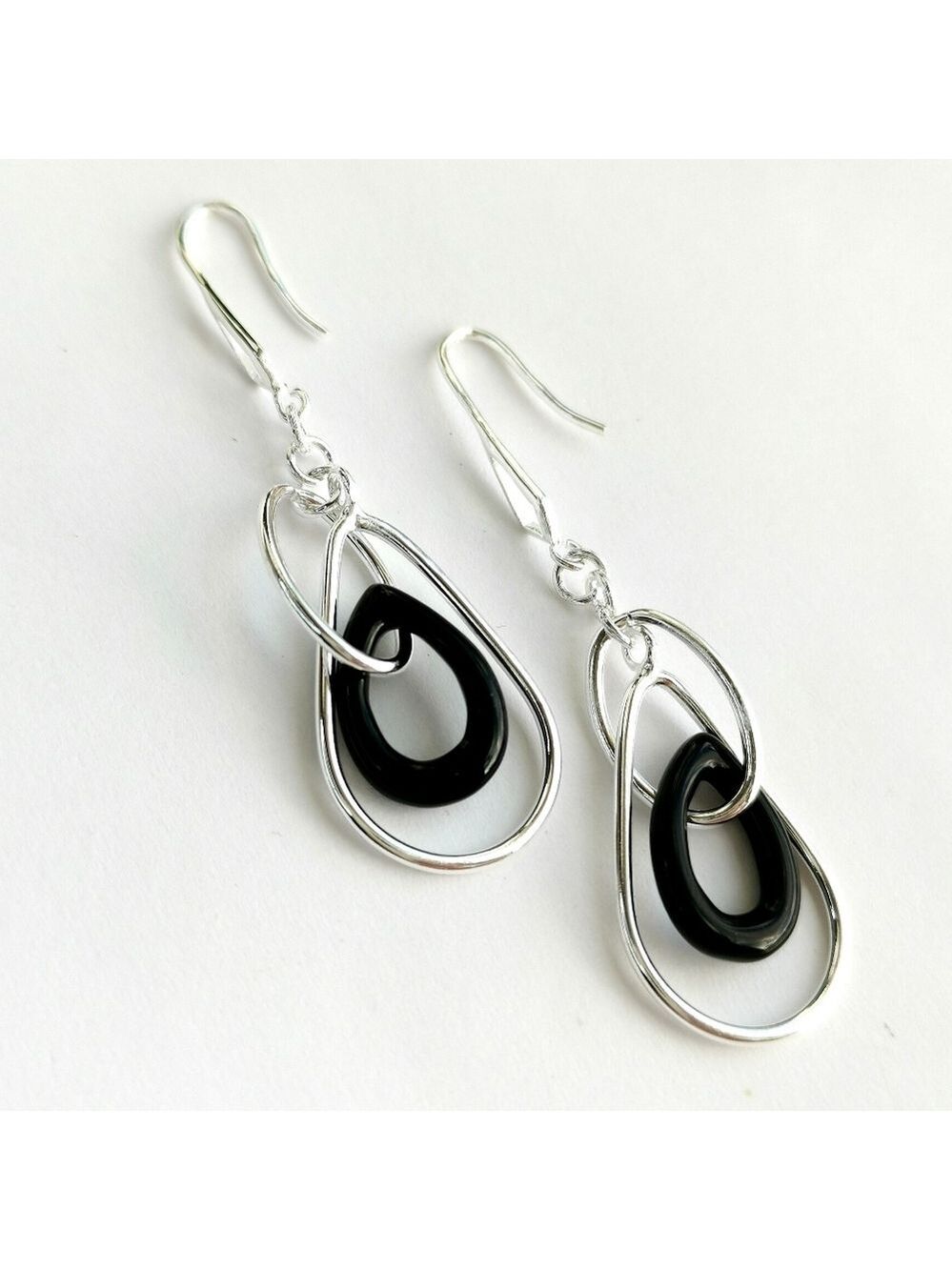 Modernist Black Onyx Sterling Silver Dangle Earrings